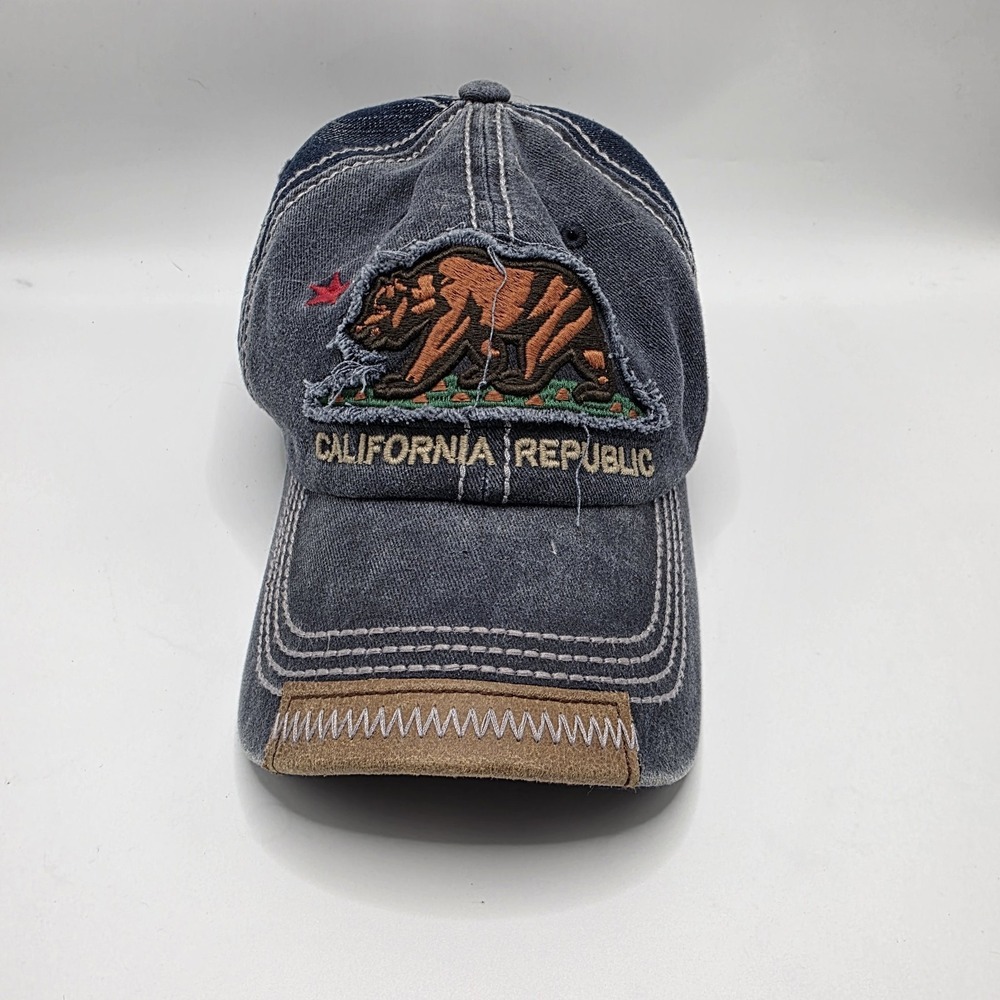 Pit‎ Bull California Republic Hat Mens Blue Distressed Denim Bear Flag Snapback